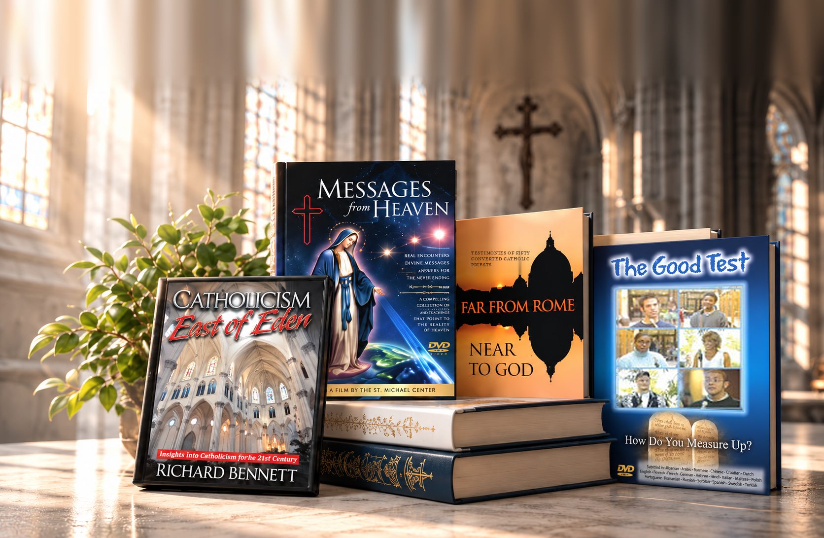 Publikace z knihovny Prokřesťany.cz – Catholicism East of Eden, Messages from Heaven, Far From Rome Near to God a The Good Test – v interiéru kostela